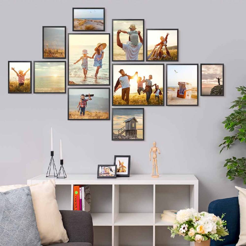 Photolini 12er Bilderrahmen-Set Schwarz Massivholz Schmal 21x30 bis 40x50 cm mit Acrylglasscheibe
