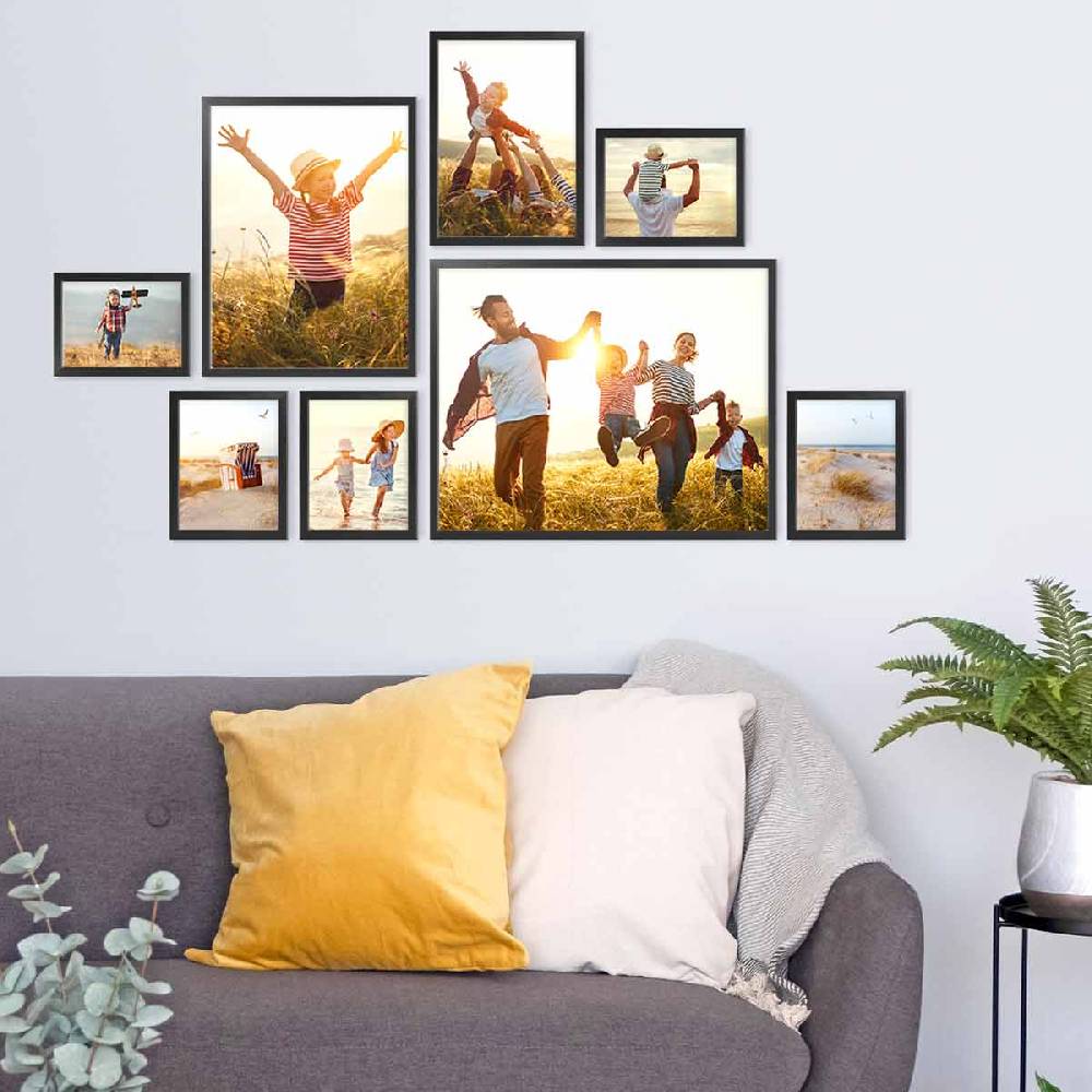 Photolini 8er Bilderrahmen-Set Schwarz Massivholz Schmal 13x18 bis 40x50 cm mit Acrylglasscheibe