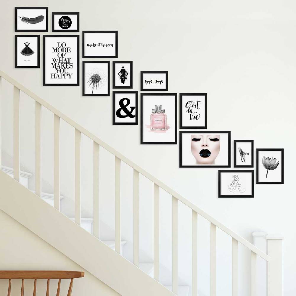 Photolini 15er Bilderwand Treppenhaus - Bilderrahmen-Set Modern Schwarz aus MDF