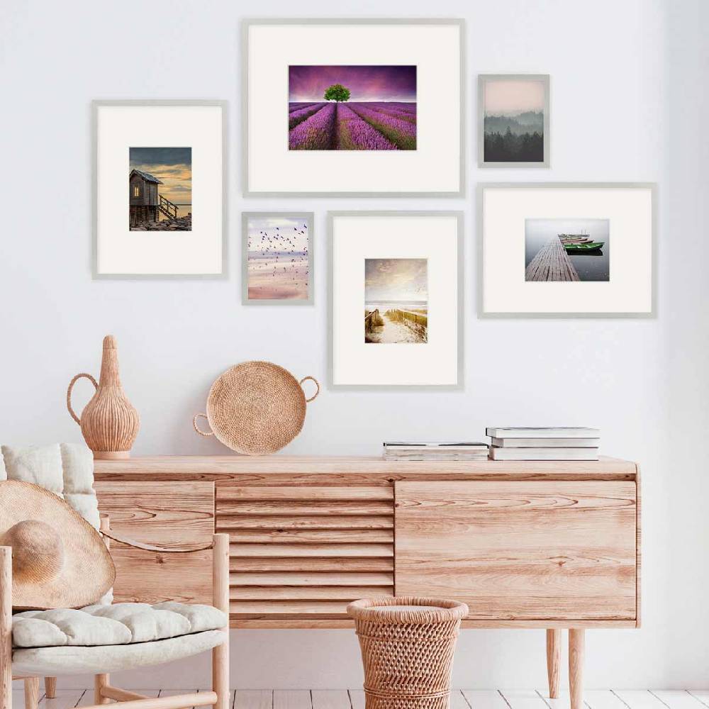 Photolini 6er Bilderrahmen-Set Modern Silber aus MDF 15x20 cm, 30x40 cm und 40x50 cm mit Passepartout
