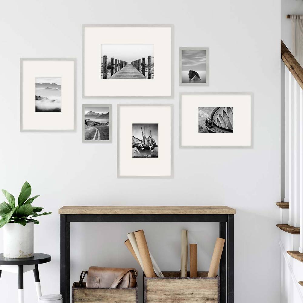 Photolini 6er Bilderrahmen-Set Modern Silber aus MDF 15x20 cm, 30x40 cm und 40x50 cm mit Passepartout Limitierter Zeitrabatt