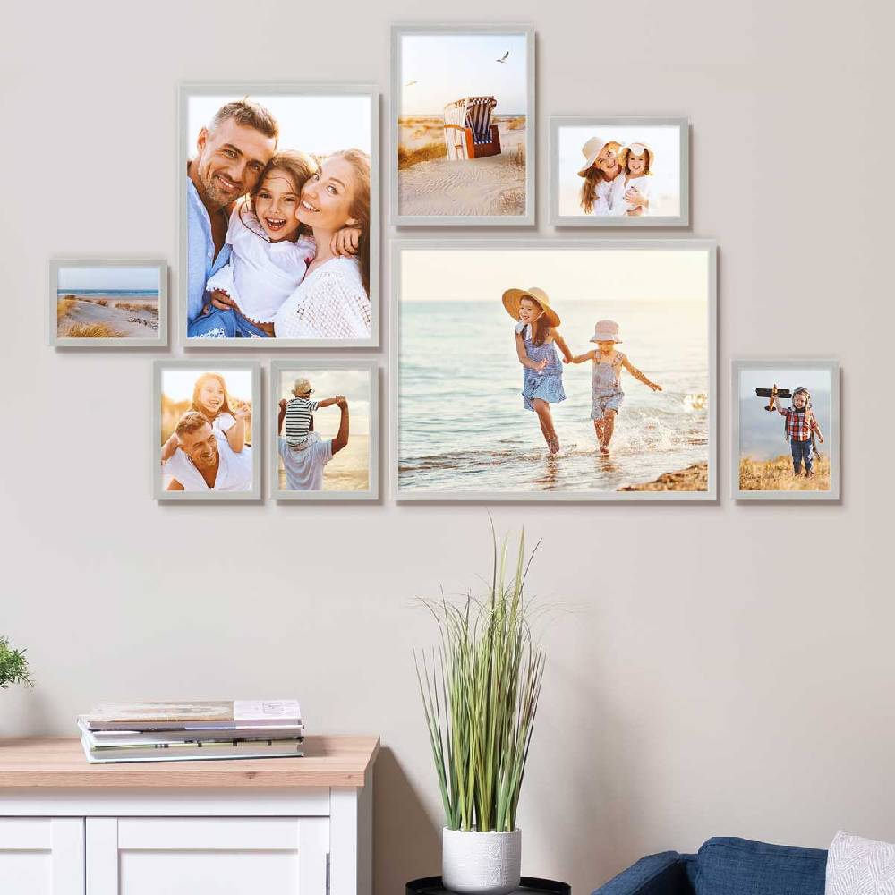 Photolini 8er Bilderrahmen-Set Modern Silber aus MDF 13x18 bis 40x50 cm