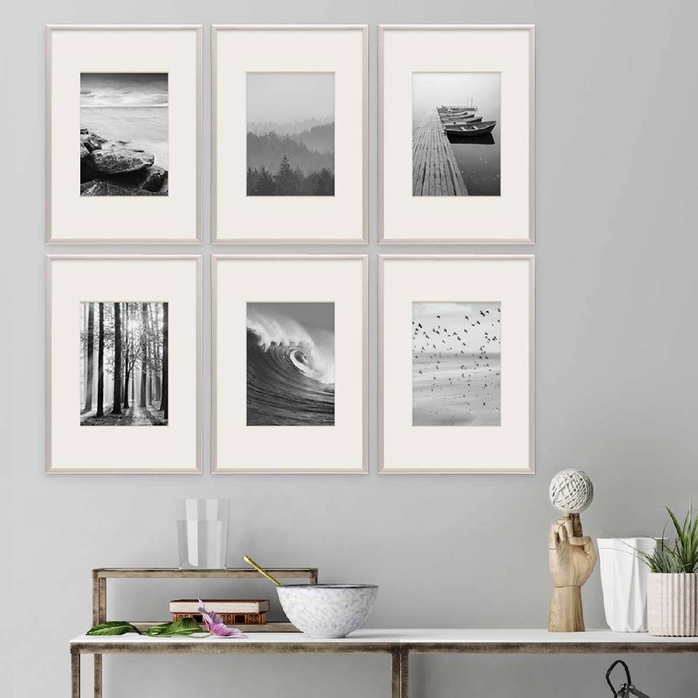 Photolini 6er Set Alu-Bilderrahmen 21x30 cm / DIN A4 Silber Modern mit Passepartout 13x18 cm