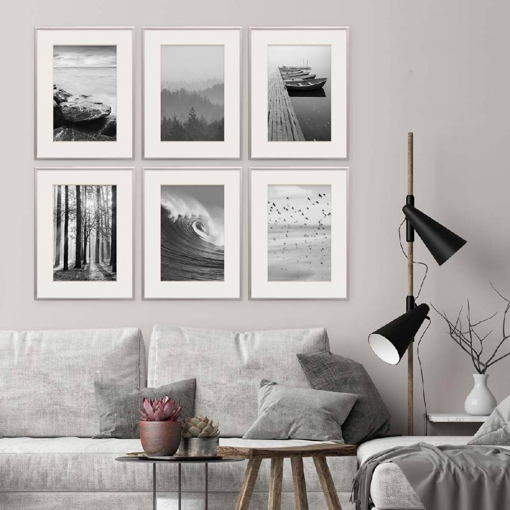 Photolini 6er Set Alu-Bilderrahmen 30x40 cm Silber Modern mit Passepartout 20x30 cm