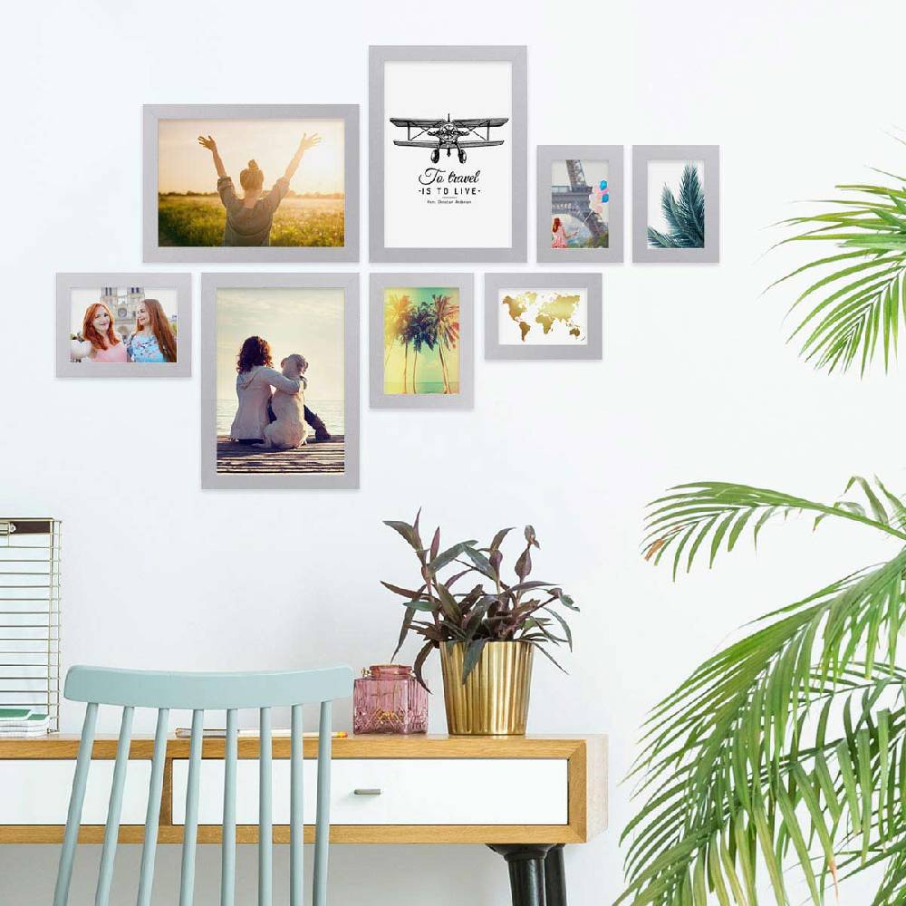 Photolini 8er Bilderrahmen-Set Silber breit modern MDF-Holz mit Acrylglas