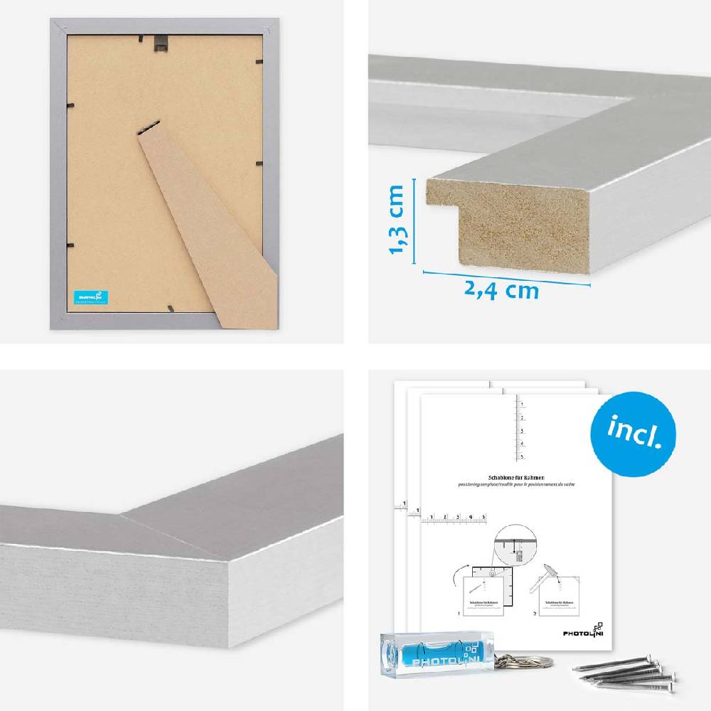 Photolini 8er Bilderrahmen-Set Silber breit modern MDF-Holz mit Acrylglas Black Friday