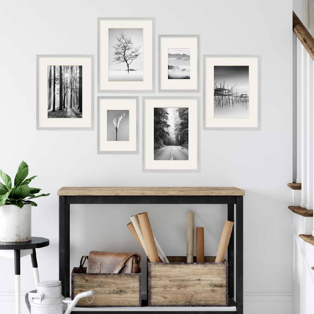 Photolini 6er Bilderrahmen-Set Modern Silber aus MDF 21x30 cm / DIN A4 und 30x40 cm mit Passepartout