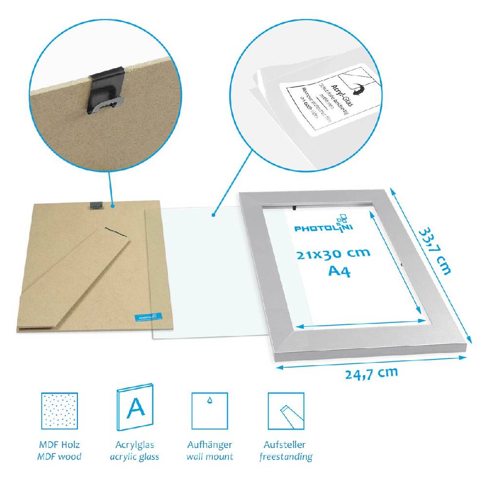 Photolini 3er Bilderrahmen-Set 21x30 cm DIN A4 Modern Silber MDF Basic Collection | Acrylglas Osterangebot