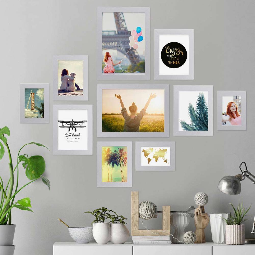 Photolini 10er Bilderrahmen-Set Silber breit modern MDF-Holz mit Acrylglas