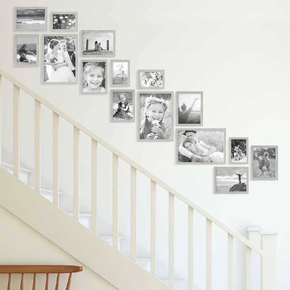 Photolini 15er Bilderwand Treppenhaus - Bilderrahmen-Set Modern Silber aus MDF