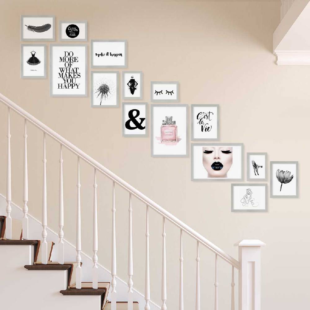 Photolini 15er Bilderwand Treppenhaus - Bilderrahmen-Set Modern Silber aus MDF Valentinstagsangebot