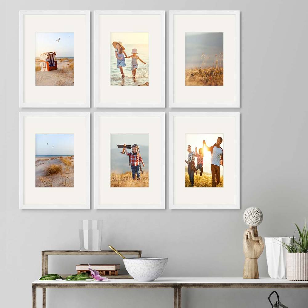 Photolini 6er Bilderrahmen-Set Weiß 21x30 cm/DIN A4 mit Passepartout Massivholz mit Acrylglasscheibe