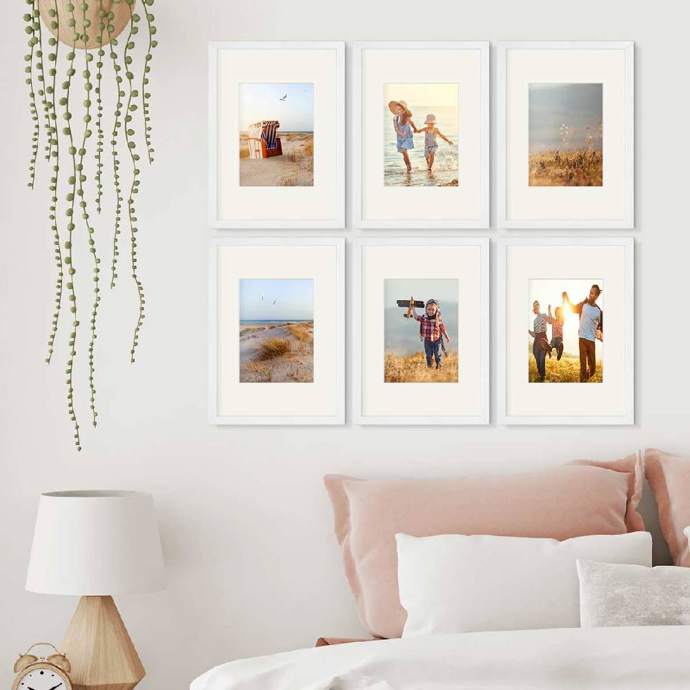 Photolini 6er Bilderrahmen-Set Weiß 21x30 cm/DIN A4 mit Passepartout Massivholz mit Acrylglasscheibe Jubiläumsangebot