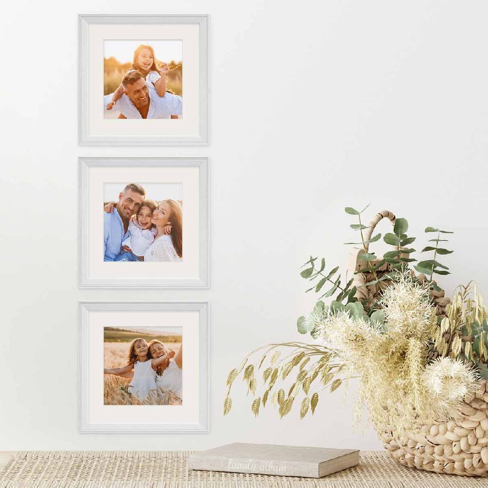 Photolini 3er Set Landhaus-Bilderrahmen Weiß Massivholz 20x20 cm mit Passepartout