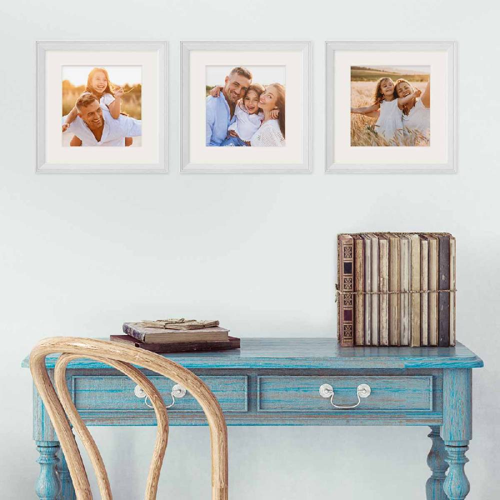 Photolini 3er Set Landhaus-Bilderrahmen Weiß Massivholz 20x20 cm mit Passepartout Lagerräumung