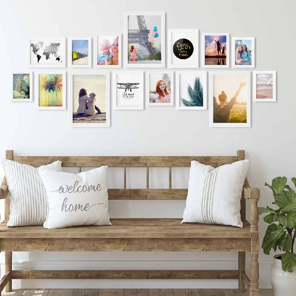 Photolini 15er Bilderrahmen-Set Weiß breit modern MDF-Holz mit Acrylglas