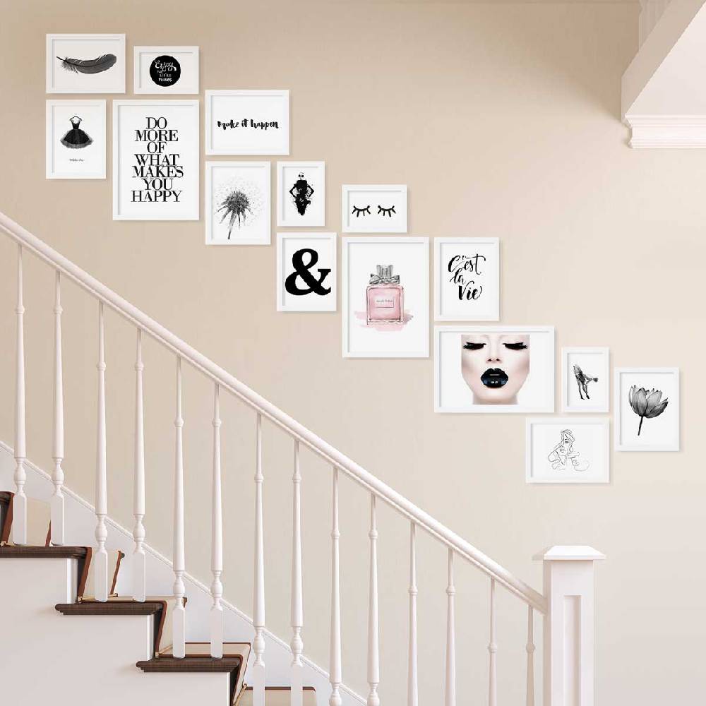 Photolini 15er Bilderwand Treppenhaus - Bilderrahmen-Set Modern Weiß aus MDF Neueste Mode