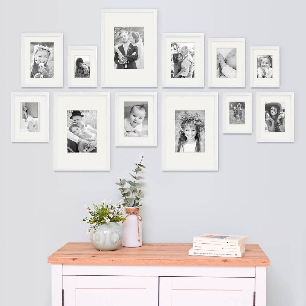 Photolini 12er Set Bilderrahmen Holz, Weiß mit Passepartout