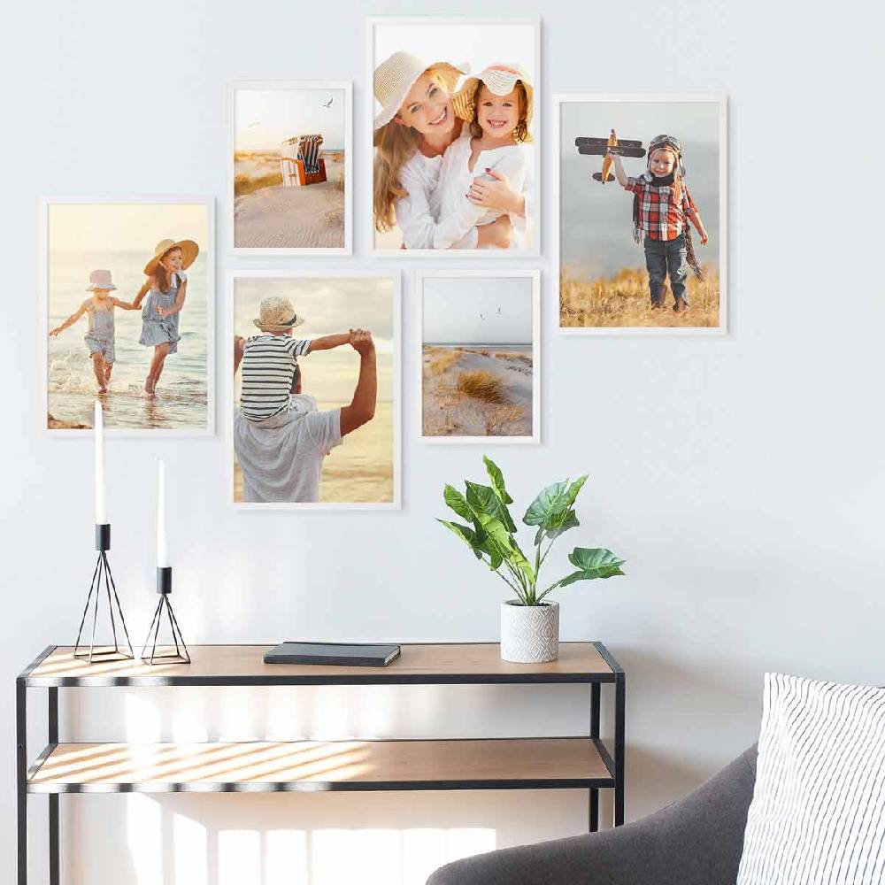 Photolini 6er Bilderrahmen-Set Weiß aus Massivholz Schmal 2x 21x30 cm/DIN A4 und 4x 30x42 cm/DIN A3 mit Acrylglasscheibe
