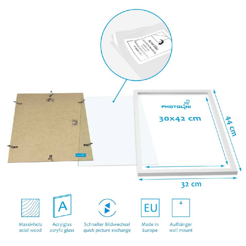 Photolini 6er Bilderrahmen-Set Weiß aus Massivholz Schmal 2x 21x30 cm/DIN A4 und 4x 30x42 cm/DIN A3 mit Acrylglasscheibe Blitzangebot
