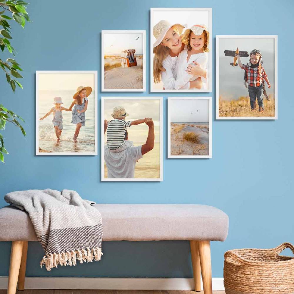 Photolini 6er Bilderrahmen-Set Weiß aus Massivholz Schmal 2x 21x30 cm/DIN A4 und 4x 30x42 cm/DIN A3 mit Acrylglasscheibe Blitzangebot