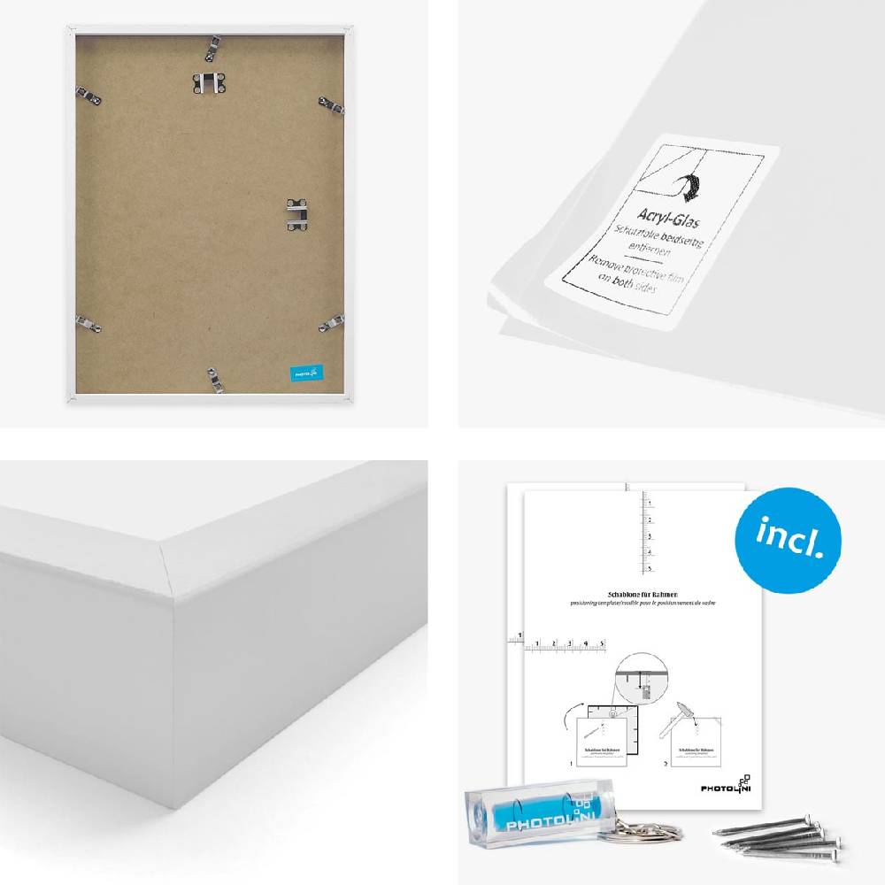 Photolini 6er Bilderrahmen-Set Weiß aus Massivholz Schmal 2x 21x30 cm/DIN A4 und 4x 30x42 cm/DIN A3 mit Acrylglasscheibe Blitzangebot