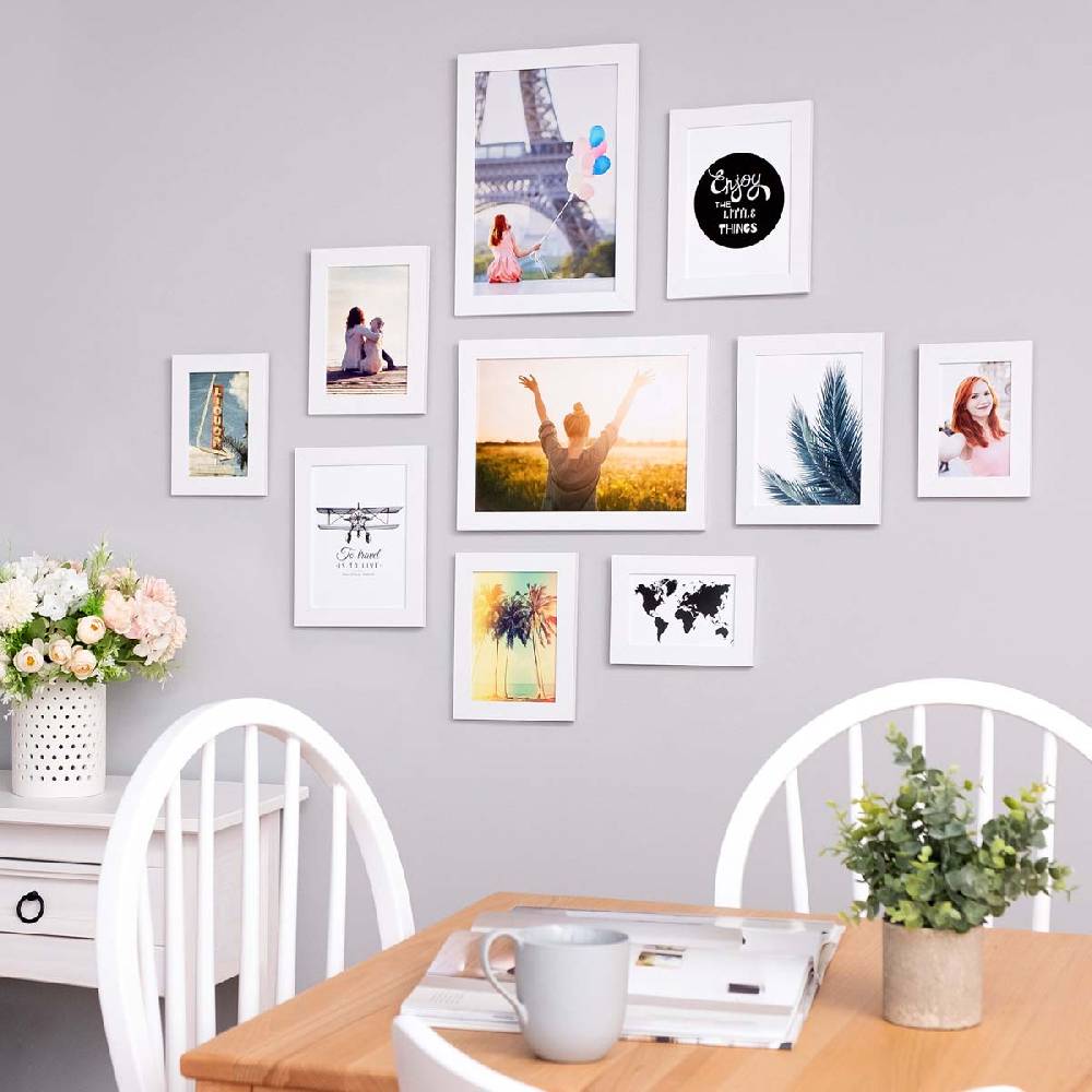 Photolini 10er Bilderrahmen-Set Weiß breit modern MDF-Holz mit Acrylglas