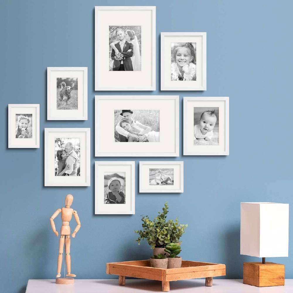 Photolini 9er Set Bilderrahmen Holz, Weiß mit Passepartout