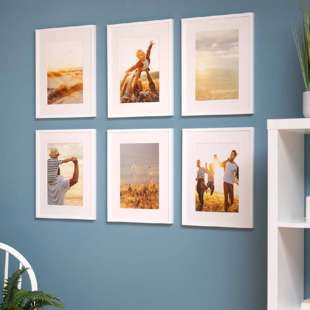 Photolini 6er Bilderrahmen-Set Weiß 30x40 cm mit Passepartout Massivholz mit Acrylglasscheibe