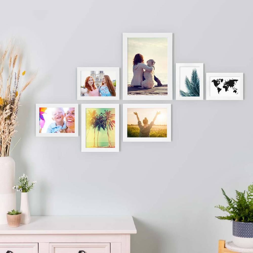 Photolini 7er Bilderrahmen-Set Weiß breit modern MDF-Holz mit Acrylglas