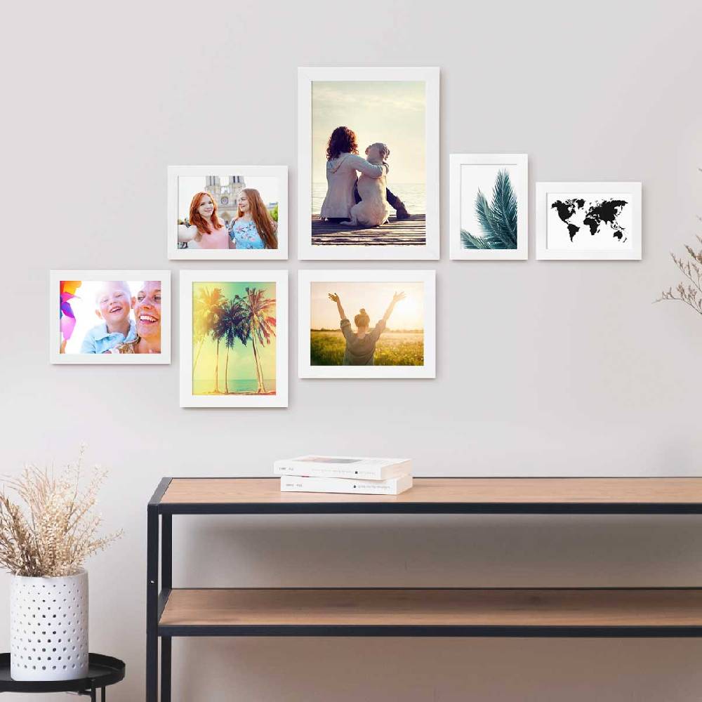 Photolini 7er Bilderrahmen-Set Weiß breit modern MDF-Holz mit Acrylglas Kauf eins, bekomm eins gratis