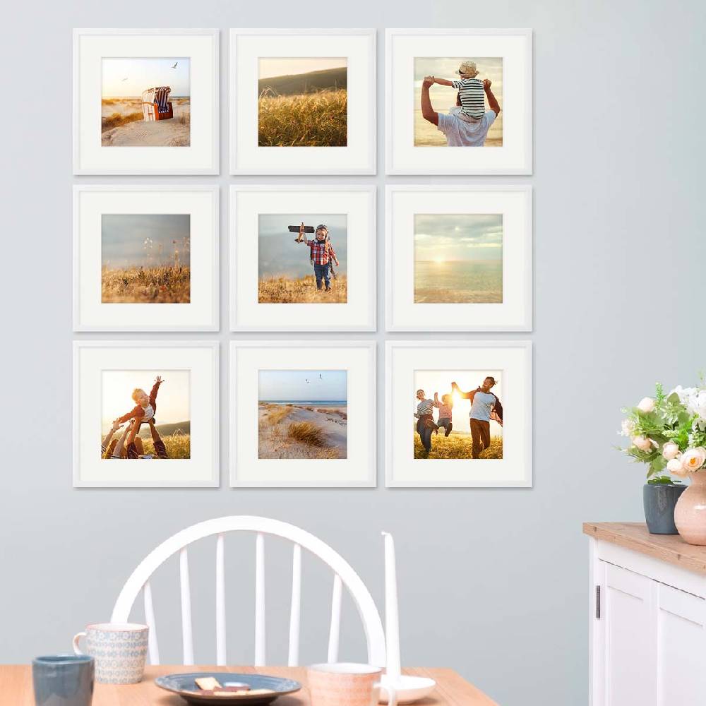 Photolini 9er Bilderrahmen-Set Weiß 30x30 cm mit Passepartout Massivholz mit Acrylglasscheibe