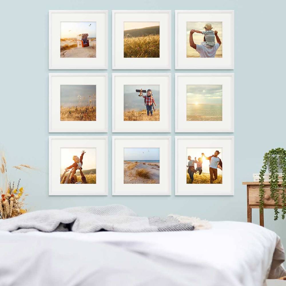 Photolini 9er Bilderrahmen-Set Weiß 30x30 cm mit Passepartout Massivholz mit Acrylglasscheibe Sonderangebote