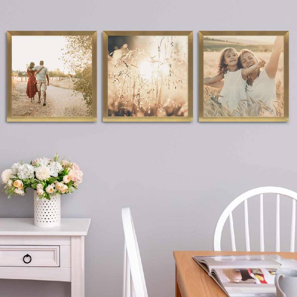 Photolini 3er Bilderrahmen-Set breit 40x40 cm Gold, MDF-Holz | Acrylglas