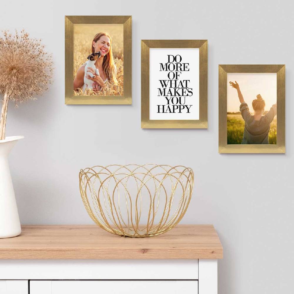Photolini 3er Bilderrahmen-Set 13x18 cm Gold breit MDF-Holz | Acrylglas