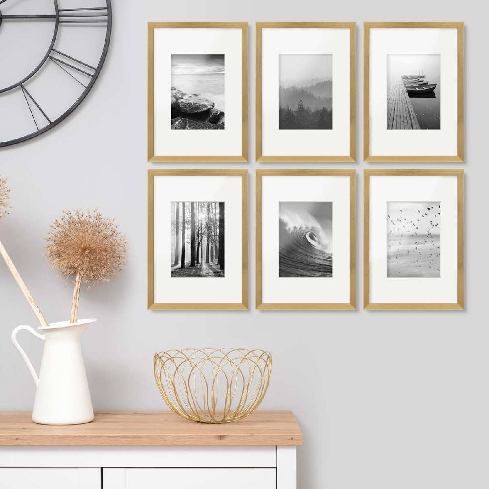 Photolini 6er Set Poster-Bilderrahmen 21x30 cm / DIN A4 Modern Gold MDF mit Passepartout