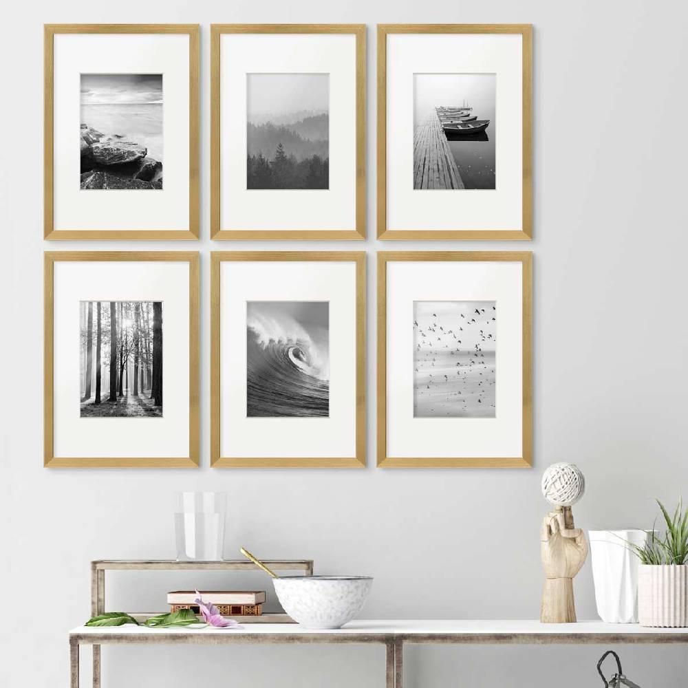 Photolini 6er Set Poster-Bilderrahmen 21x30 cm / DIN A4 Modern Gold MDF mit Passepartout Kostenlose Rückgabe