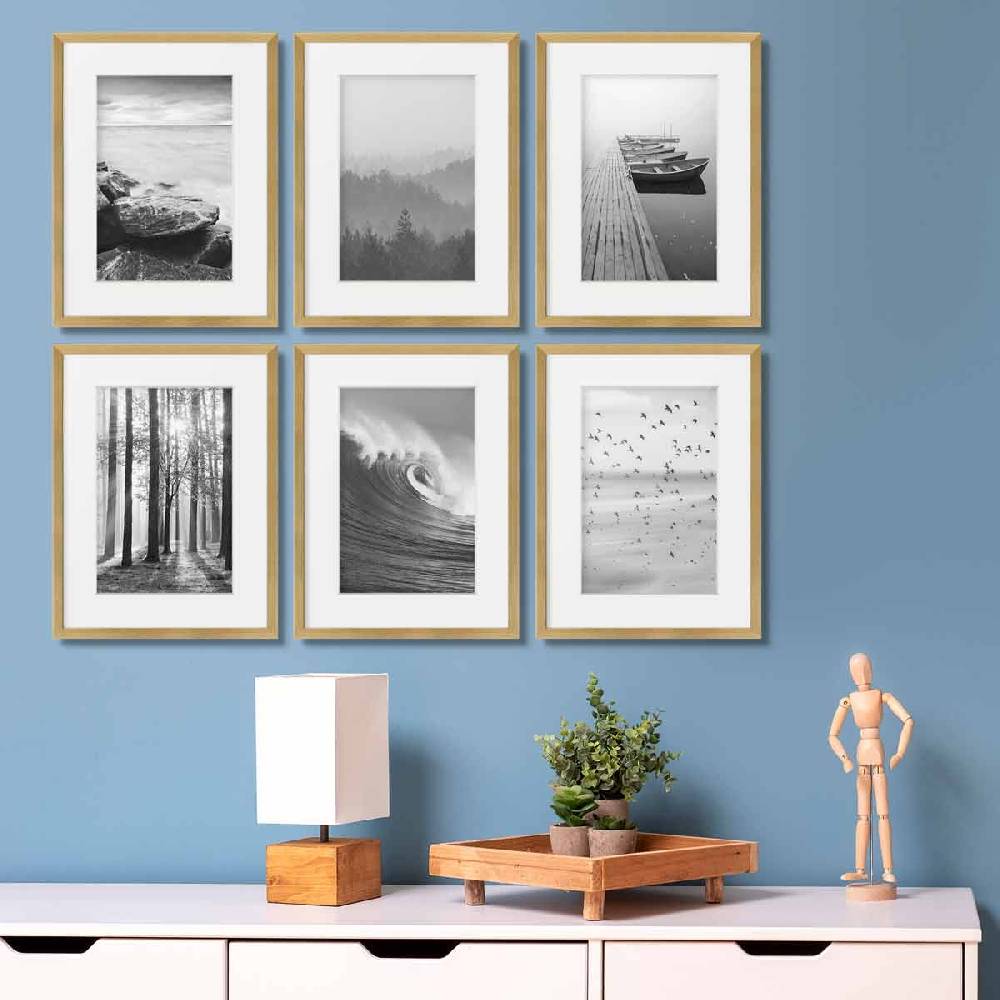 Photolini 6er Set Poster-Bilderrahmen 30x40 cm Modern Gold MDF mit Passepartout