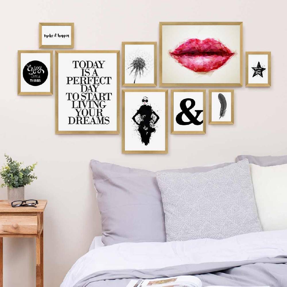 Photolini 9er Bilderrahmen-Set Modern Gold aus MDF