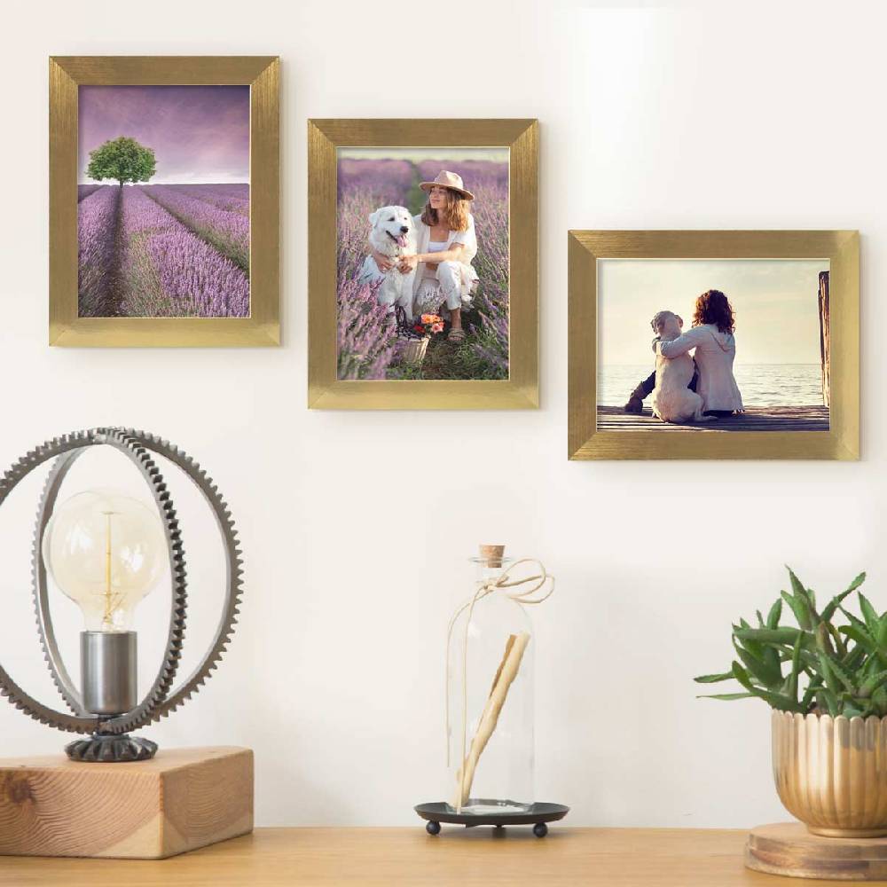 Photolini 3er Bilderrahmen-Set 15x20 cm Gold breit MDF-Holz | Acrylglas