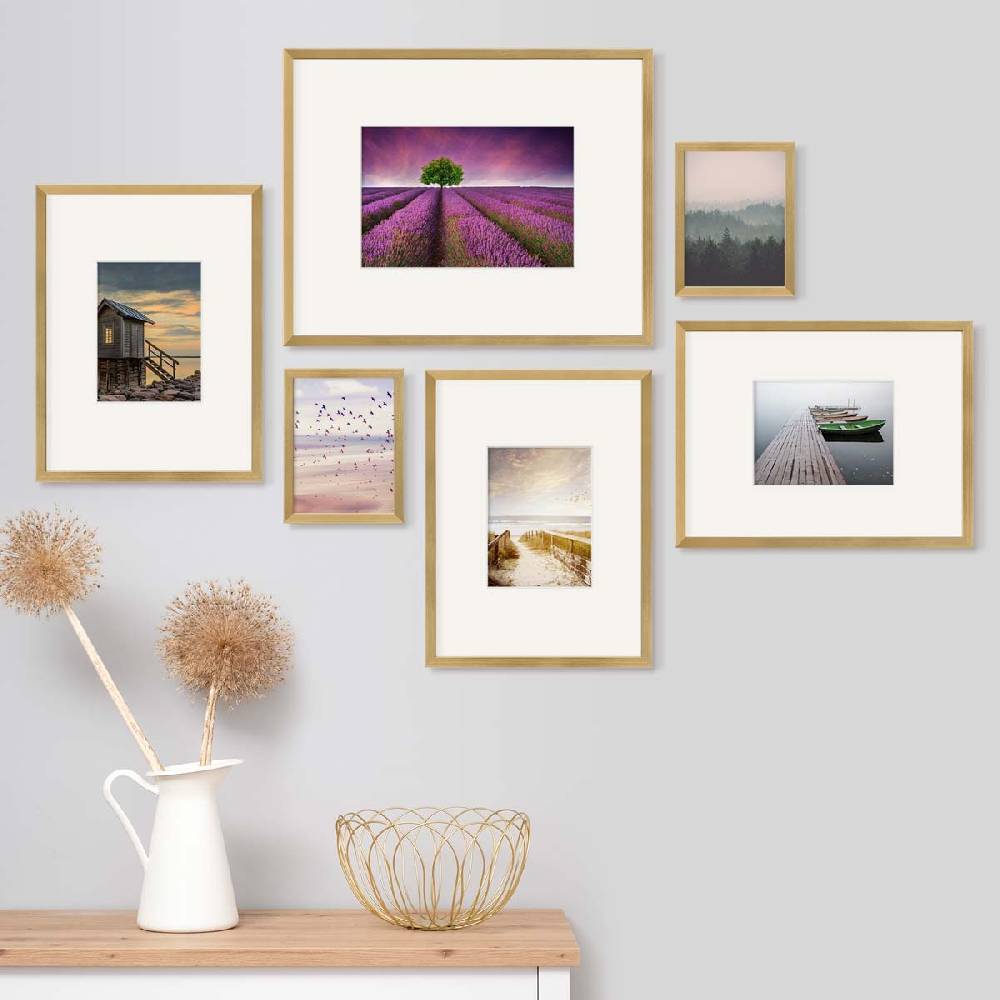 Photolini 6er Bilderrahmen-Set Modern Gold aus MDF 15x20 cm, 30x40 cm und 40x50 cm mit Passepartout