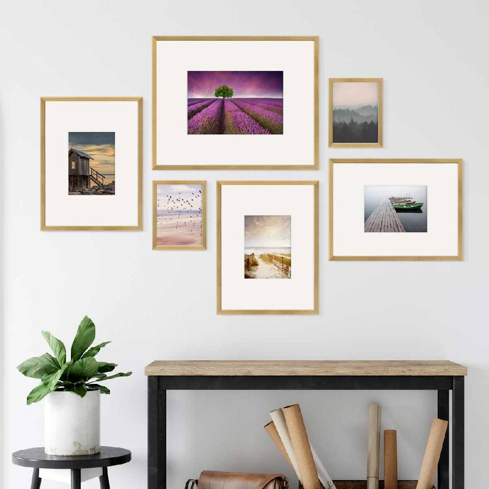Photolini 6er Bilderrahmen-Set Modern Gold aus MDF 15x20 cm, 30x40 cm und 40x50 cm mit Passepartout Bis zu 50% Rabatt