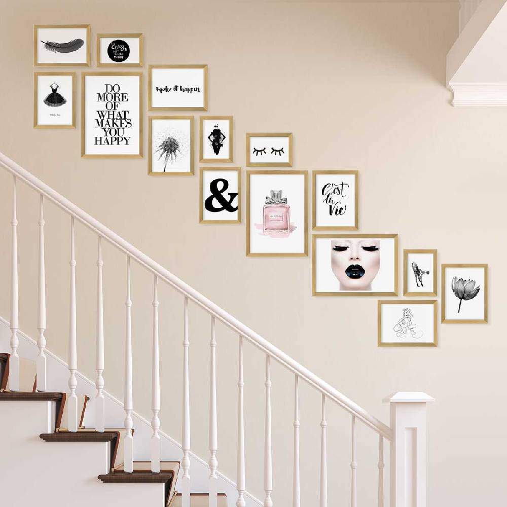 Photolini 15er Bilderwand Treppenhaus - Bilderrahmen-Set Modern Gold aus MDF