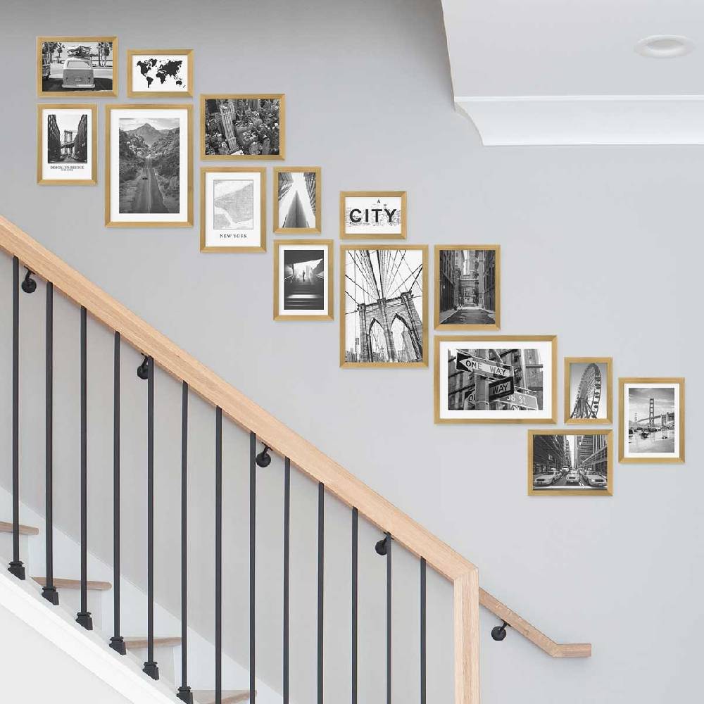 Photolini 15er Bilderwand Treppenhaus - Bilderrahmen-Set Modern Gold aus MDF Bis zu 65% Rabatt
