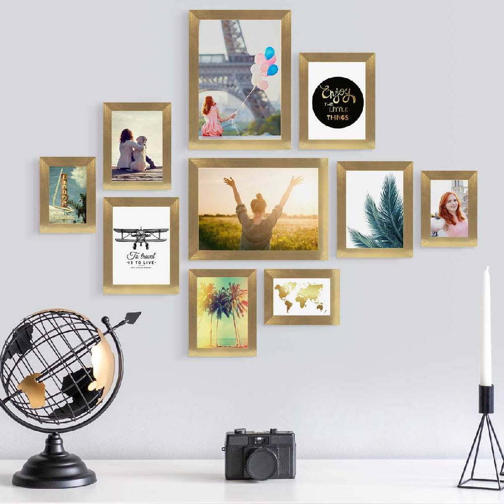 Photolini 10er Bilderrahmen-Set Gold breit modern MDF-Holz mit Acrylglas