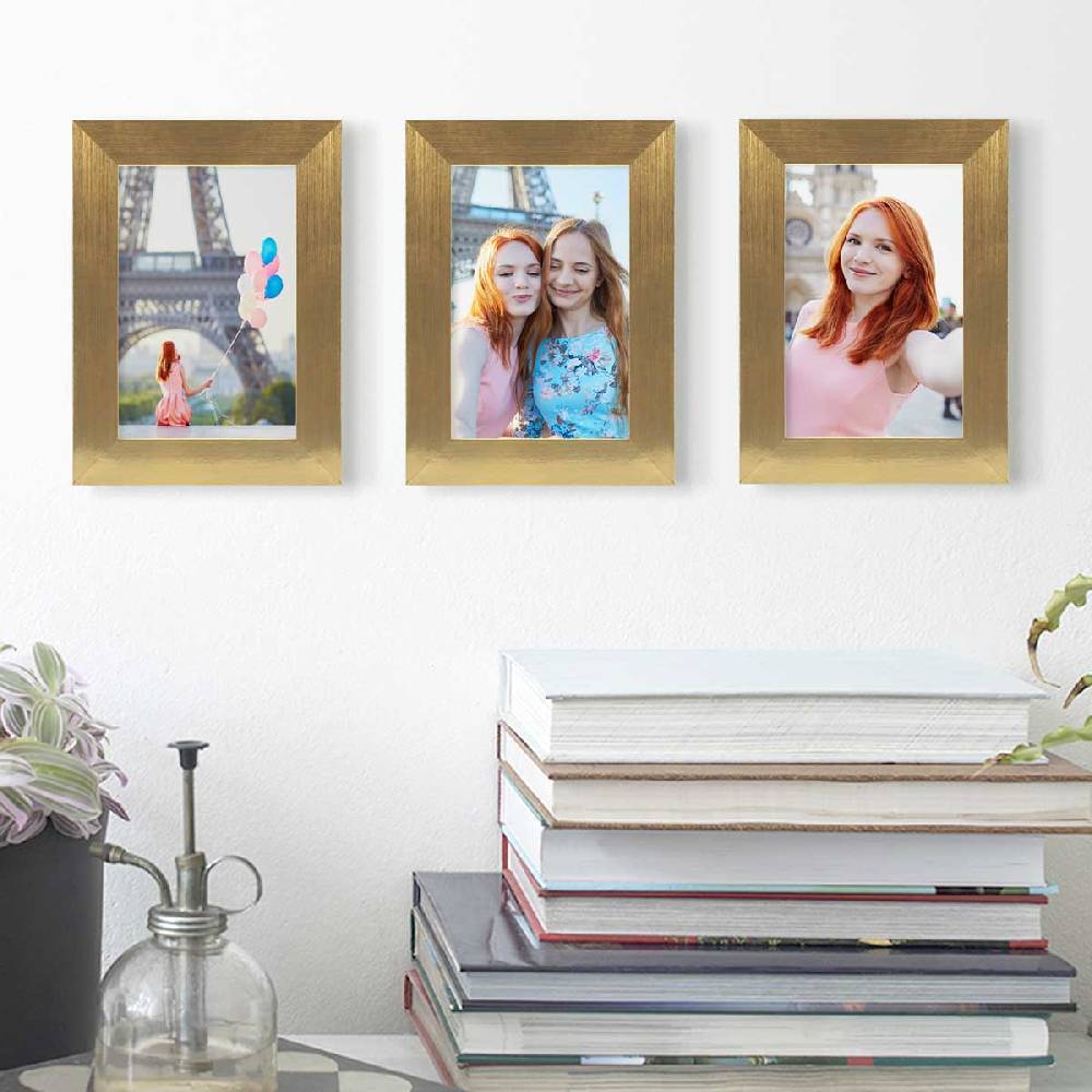 Photolini 3er Bilderrahmen-Set 10x15 cm Gold breit MDF-Holz | Acrylglas