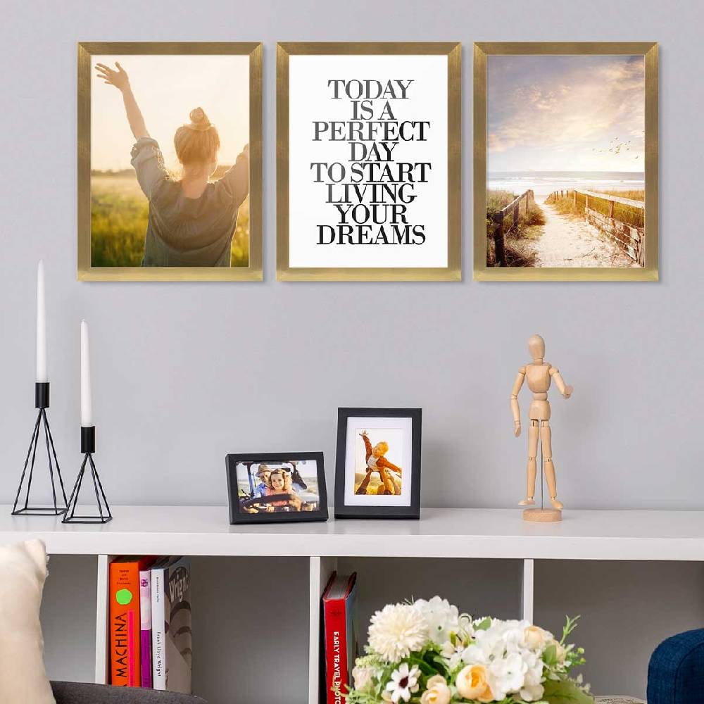 Photolini 3er Bilderrahmen-Set 30x40 cm Modern Gold MDF Basic Collection | Acrylglas