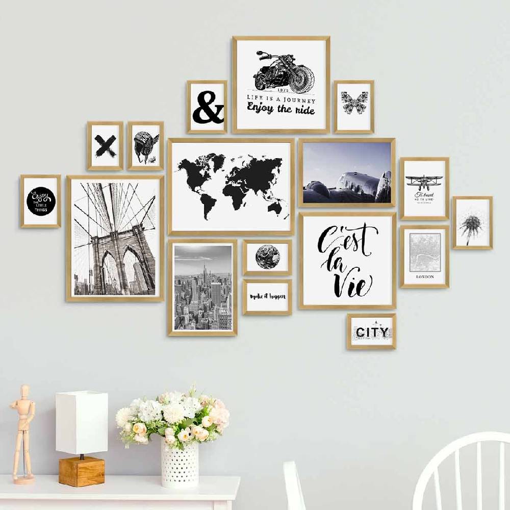 Photolini 17er Bilderrahmen-Set Modern Gold aus MDF