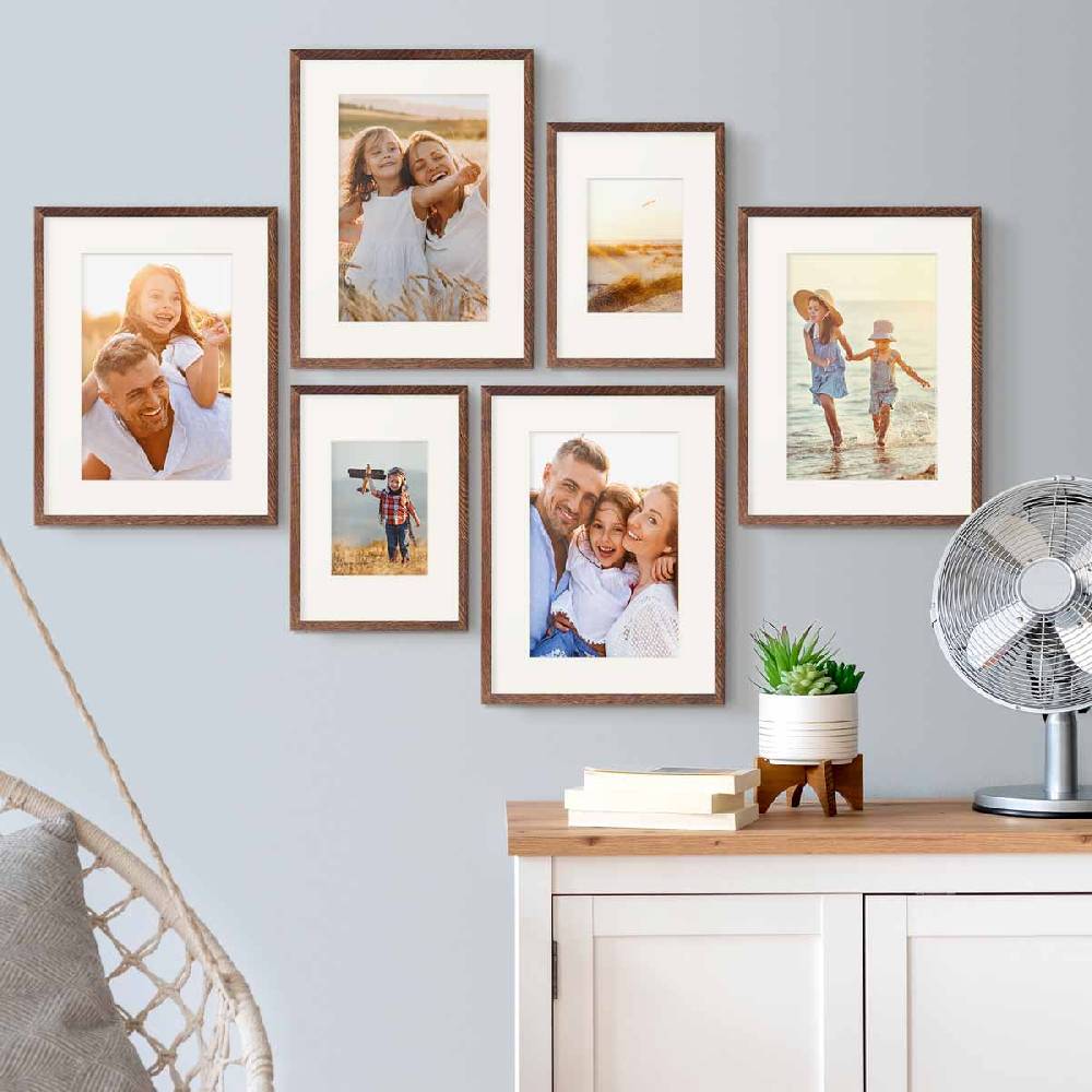 Photolini 6er Bilderrahmen-Set Eiche Dunkel aus Massivholz 21x30 cm/DIN A4 und 30x40 cm mit Passepartout mit Acrylglasscheibe