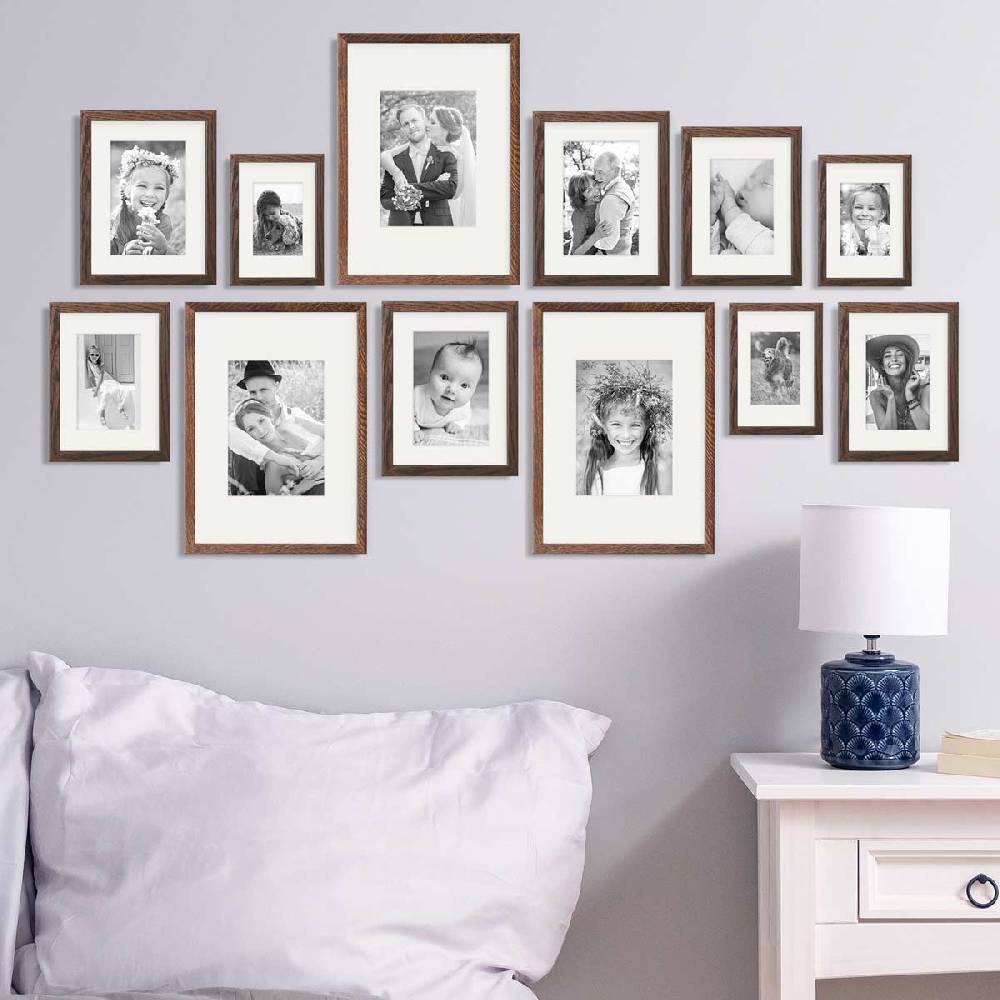 Photolini 12er Set Bilderrahmen Holz, Eiche Dunkel mit Passepartout